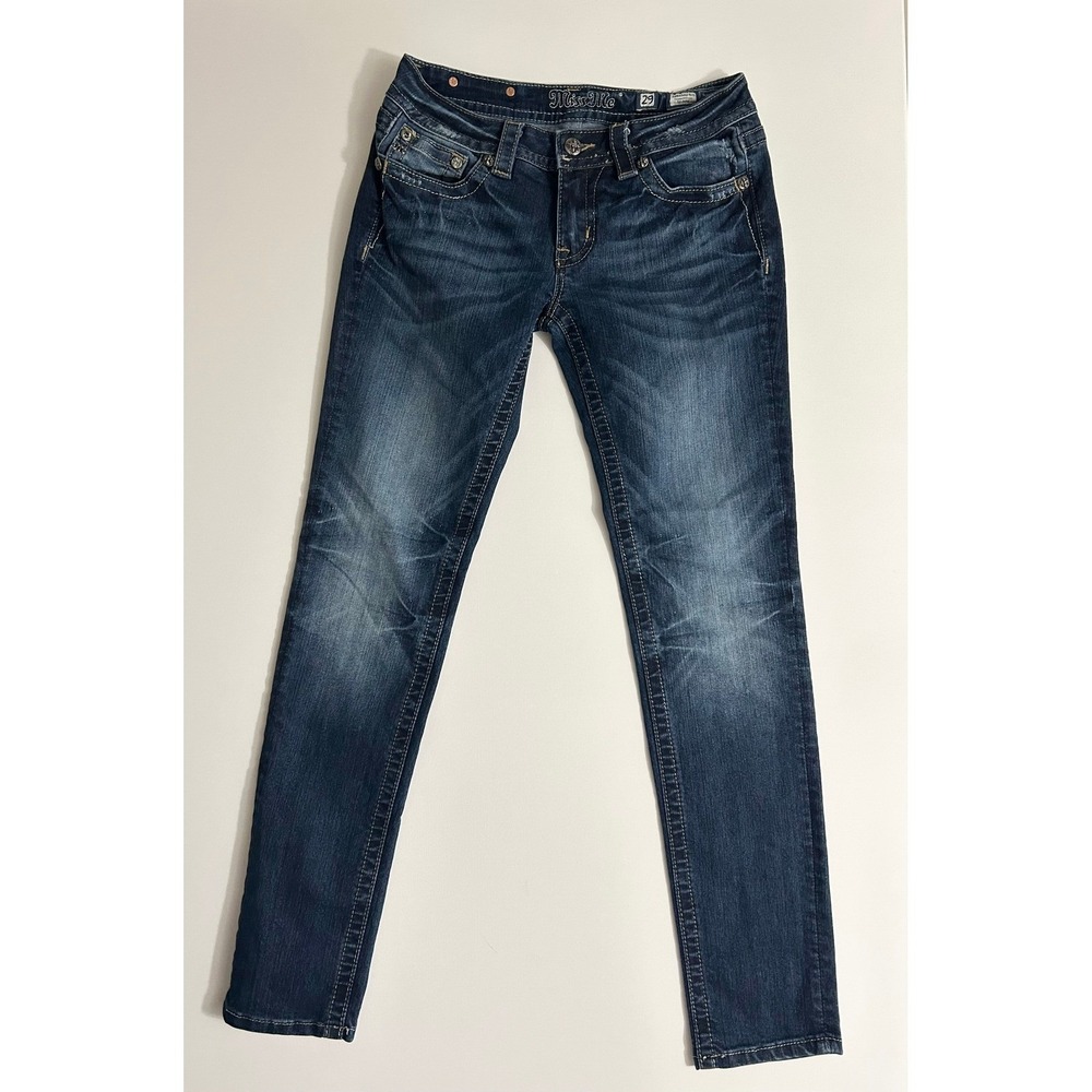 Miss Me Signature Rise Skinny Jeans Dark Wash Embellished Cross Pockets Size 29